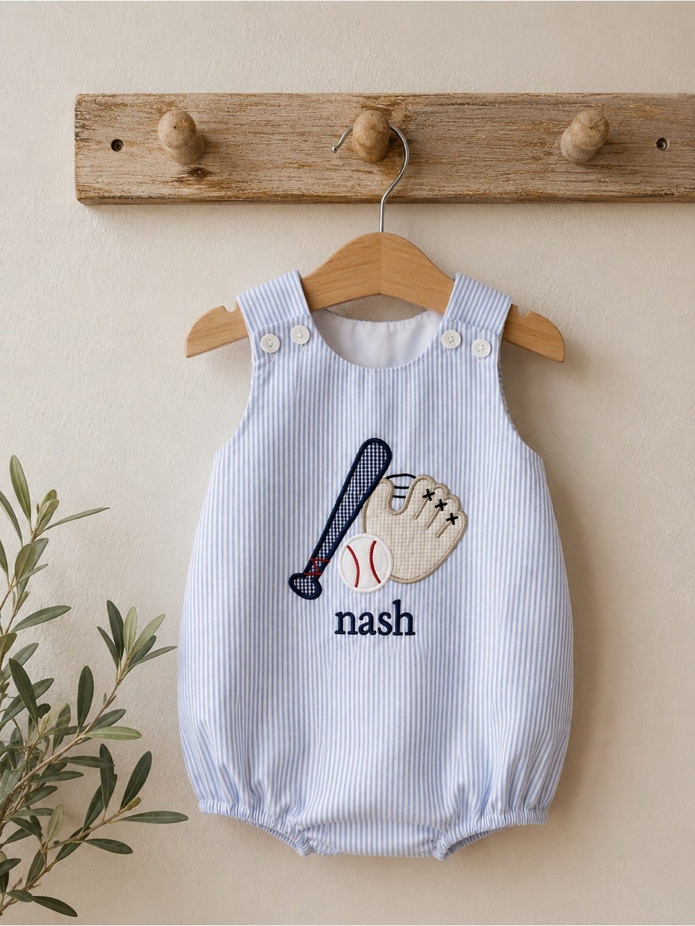 Embroidered Baseball Bubble Romper in Light Blue